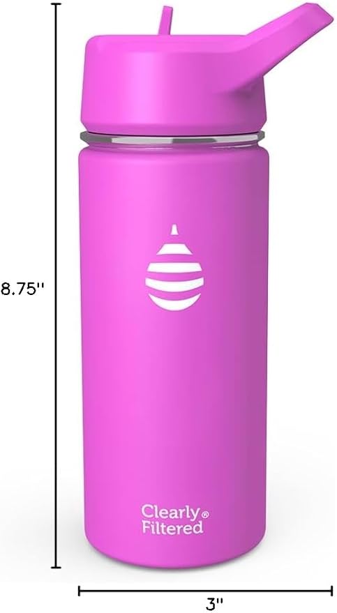 Clearly Filtered Water Bottle | Removes 200+ Contaminants, Double-Wall Insulated Stainless Steel, BPA/BPS Free, Phthalate Free, Filters Flouride Lead Chlorine (16oz, Purple Dino)