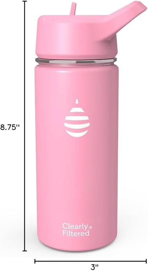 Clearly Filtered Water Bottle | Removes 200+ Contaminants, Double-Wall Insulated Stainless Steel, BPA/BPS Free, Phthalate Free, Filters Flouride Lead Chlorine (16oz, Bubble Gum)