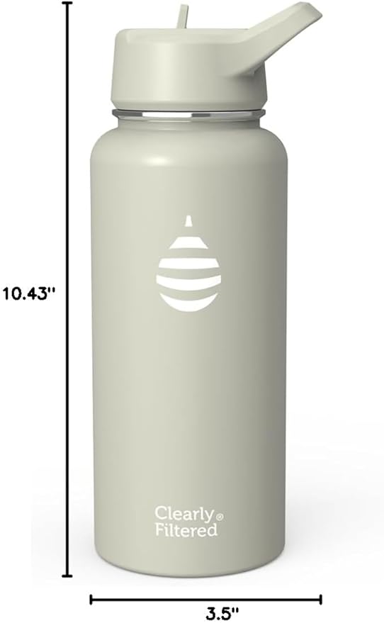 Clearly Filtered Water Bottle | Removes 200+ Contaminants, Double-Wall Insulated Stainless Steel, BPA/BPS Free, Phthalate Free, Filters Flouride Lead Chlorine (32oz, Sage Gray)