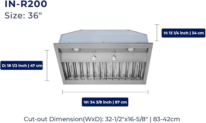 Hauslane Range Hood Insert 42 Inch, Hood Vent for Kitchen | Low Noise Performance, Professional-Grade Baffle Filters, LED Lamps, Stainless Steel Ductless Hood, Built in Range Hood 18.5” Deep