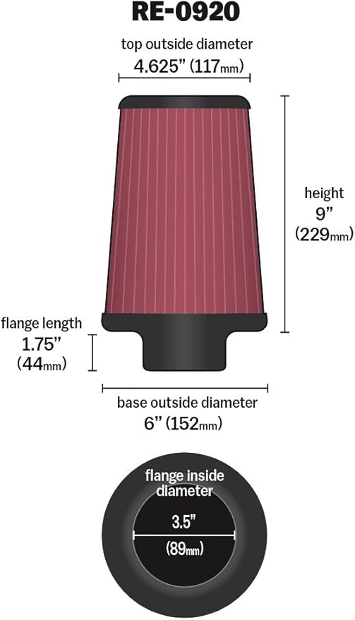 K&N High-Flow Original Lifetime Universal Clamp-On Air Filter:High Performance,Premium,Washable:Flange Diameter:3.5 In,Filter Height:9In,Flange Length:1.75 In, Shape:Round Tapered,RE-0920 (Pack of 6)