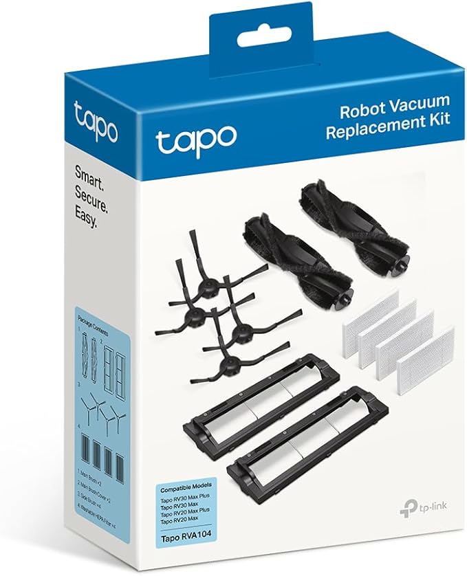 Tapo Robot Vacuum Replacement KIT, Includes Easy to Replace 2x Main Brush and cover, 4x Side Brush, 4x Washable HEPA Filter, Compatible with RV30 Max and Plus, RV20 Max and Plus