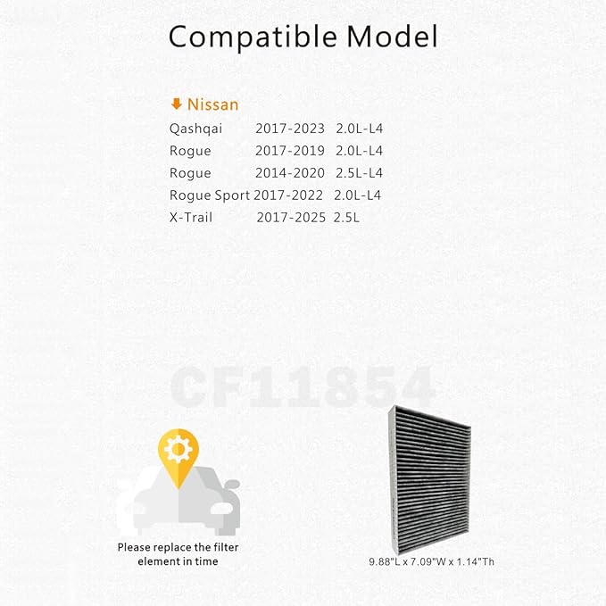 CF11854 Cabin Air Filter with Activated Carbon Compatible with Nissan Rogue 2014-2020/ Rogue Sport 2017-2022/ Qashqai/X-Trail 2017-2025 | Replaces OEM 27277-4BU0A, CAF1941P