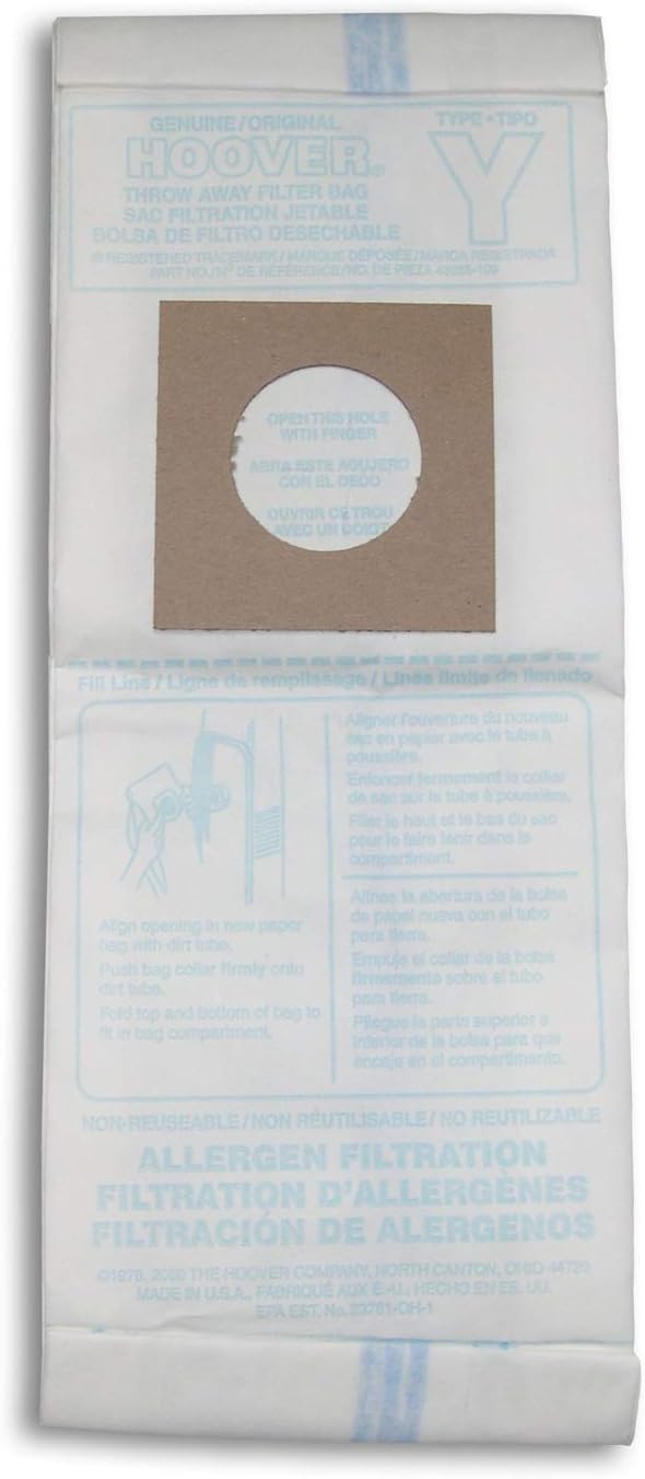 Hoover Vacuum Cleaner Bags for Upright Vacs, Pack of 3, Multicolor, Type Y Allergen Filtration, Part # 4010100Y, Hoover Vacuum Bags Refill