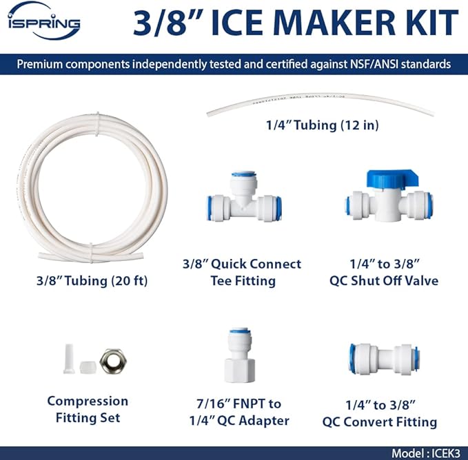 iSpring ICEK3 3/8" Tubing Water Line Splitter and Reverse Osmosis Refrigerator Ice Maker Kit, Fits PH100, RO100, US15 Series, 20 feet, Everything Included for Installation