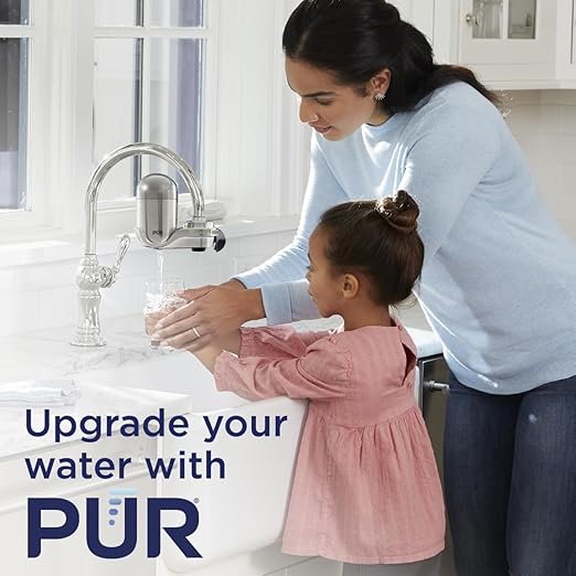 PUR PLUS Vertical Faucet Mount Water Filtration System, Lead-Reducing Filter, Great-Tasting Water, Easy Install, Lasts 100 Gallons, Compatible with Sinks with External Aerators, Stainless Steel