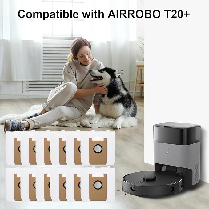 Dust Bags Compatible with AIRROBO T20+/ T25+/ T30+/ T25+C Robot Vacuum Cleaner Bags Disposable Replacement Vacuum Bag Airrobo Robot Vacuum Dust Bags Replacement Parts (12 Pack)