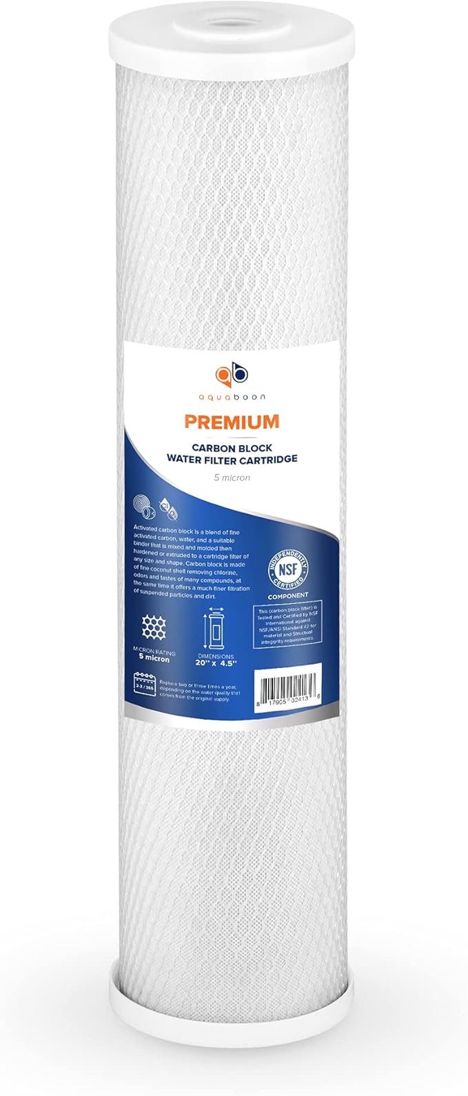 Aquaboon 5 Micron 20 x 4.5 Whole House Water Filter Replacement Cartridge Carbon Block Chlorine Reduction for 1-Stage Water Filtration System 2 Pack