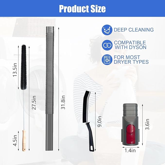 Dryer Vent Cleaner Kit Compatible With Dyson V15 V12 V11 V10 V8 V7 Gen5 Vacuum Cleaner with Dryer Lint Brush and Hard Bristle Crevice Cleaning Brush