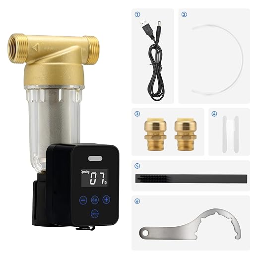 Solimeta Spin Down Sediment Water Filter: 50/100 Micron Precision, Plug - in with Touch - Screen Auto Flushing, Brass Top Clear Housing & Reusable, Plug-in Use Only