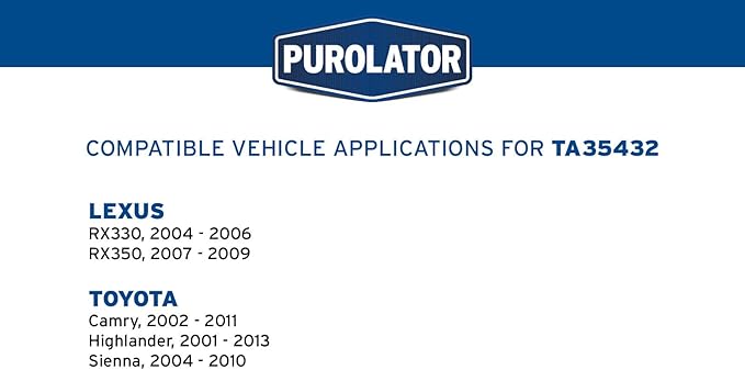 Purolator TA35432 PurolatorTECH Air Filter Compatible With 2002-2011 Toyota Camry, 2001-2013 Toyota Highlander, 2004-2010 Toyota Sienna, 2007-2009 Lexus RX350 and 2004-2006 Lexus RX330