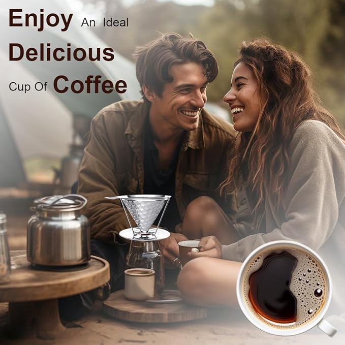Dailybrew Triple Layer Pour Over Coffee Filter Durable Pour Over Coffee Dripper Easy Clean Metal Cone Filter Paperless Stainless Steel Pour Over Coffee Maker With Holder 2 Cup (HOLDER)