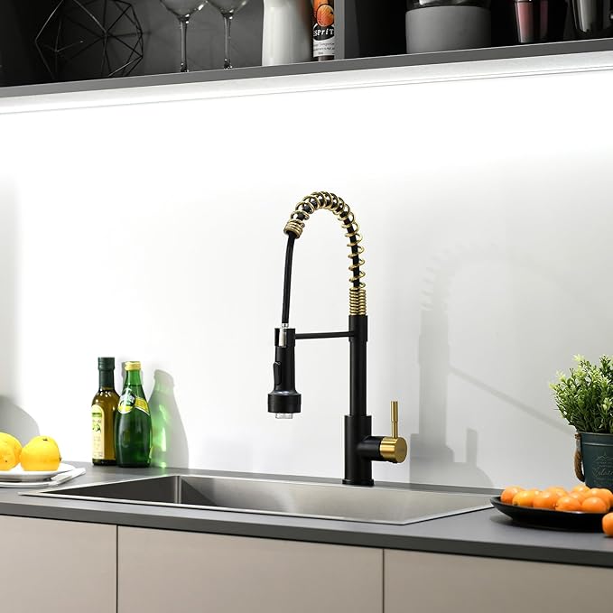 GIMILI Black and Gold Kitchen Faucet with Pull Down Sprayer Single Hole Stainless Steel LED Faucet, Suitable for Farmhouses, RV, Laundry Room, Outdoor, and Campers. Llave para fregadero de cocina