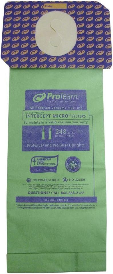 ProTeam 103483 Intercept Micro Filter Bags with 3.25-Quart Capacity, 10-Pack of Replacement Vacuum Filters , Green