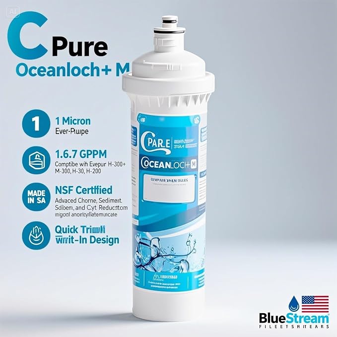 C Pure Oceanloch+ M Water Filter Cartridge 2-Pack – 1 Micron, 1.67 GPM – Compatible with Ice-O-Matic IOMQ, IFQ1, IFQ2 Systems – Chlorine, Taste & Odor Reduction Replacement Filters