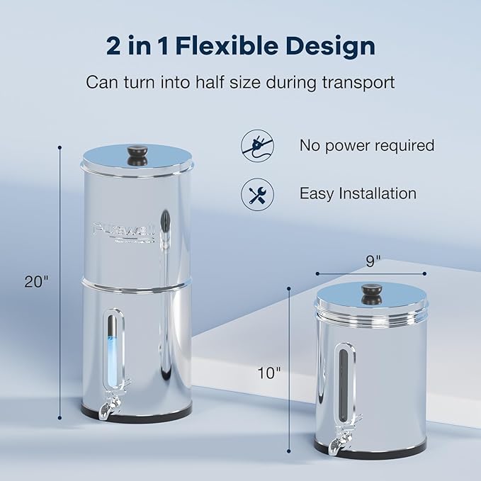Purewell 2.25G Gravity-fed Water Filter System with 3 Filters, 3-Stage Ultra-Filtration Stainless Steel Countertop System with Water Level Window, Reduce 99% Chlorine, 9,000G Filter Capacity, PW-KS-3C