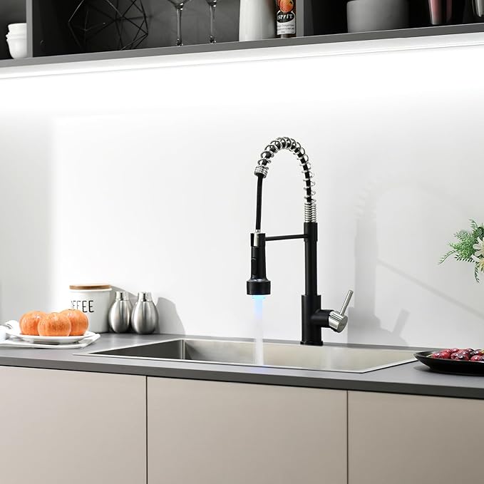 GIMILI Kitchen Faucet with Pull Down Sprayer Single Hole Stainless Steel LED Faucet, Suitable for Farmhouses, RV, Laundry Room, Outdoor, and Campers. Llave para fregadero de cocina Nickel and Black