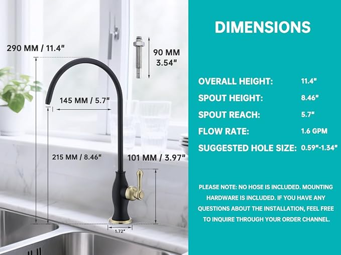 Delle Rosa Drinking Water Faucet, Stainless Steel Kitchen Water Filter Faucet, Commercial Water Filtration Faucet for Under Sink Water Filter System Black& Gold,Non-Air Gap