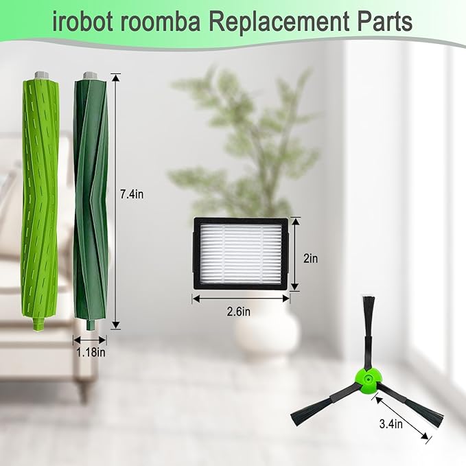 Replacement Parts for iRobot Roomba i3 i3+ i4 i4+ i5 i5+ i7 i7+ i8 i8+ j5 j5+ j7 E5 E6 E7 e, i, and j Series Robot Vacuums Replenishment Kit 2 Set Rubber Brushes,10 Vacuum Filters,10 Side Brushes