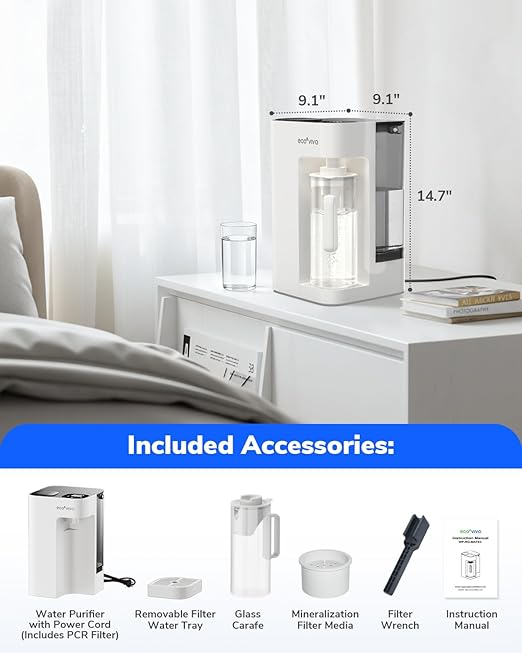 Mate 3 Reverse Osmosis Water Filter Countertop, 3:1 Pure to Drain, 44oz Smart Autofill Pitcher, No Installation Water Purifier, 8 Stage RO Water Filtration, with Remineralization, White