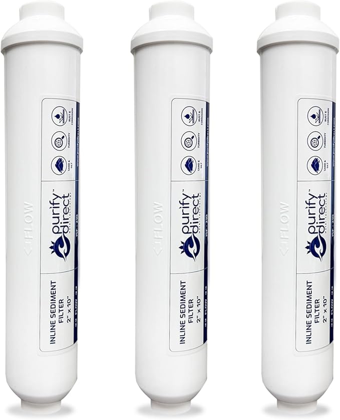 LiquaGen 3 Pack Inline Sediment Water Filter for Pre Filtration, 2" x 10", 1/4" NPT Ports