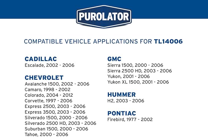 Purolator TL14006 PurolatorTECH Spin On Oil Filter Compatible With Chevrolet Silverado 1500, Tahoe, Suburban 1500, Silverado 2500 HD, Corvette, GMC Yukon and Sierra 1500