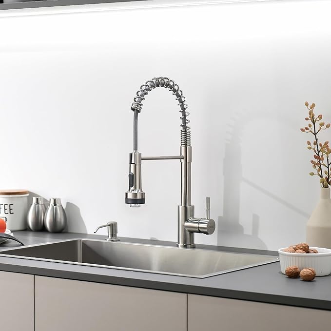 GIMILI Kitchen Faucet with Soap Dispenser Single Hole Pull Down Sprayer LED Faucet, Suitable for Farmhouses, RV, Laundry Room, Outdoor, and Campers. Llave para fregadero de cocina Brushed Nickel