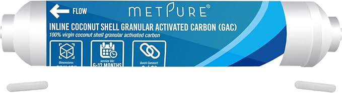 Metpure Inline GAC Water Filter 2" x 10" x 3/8" OD. Coconut Shell Granular Activated Carbon for RO Reverse Osmosis Water Filtration System, Refrigerator, Ice Maker. 3/8" Quick Connect.