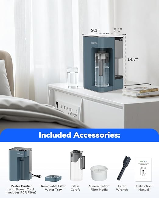 Mate 3 Reverse Osmosis Water Filter Countertop, 3:1 Pure to Drain, 44oz Smart Autofill Pitcher, No Installation Water Purifier, 8 Stage RO Water Filtration, with Remineralization, Blue
