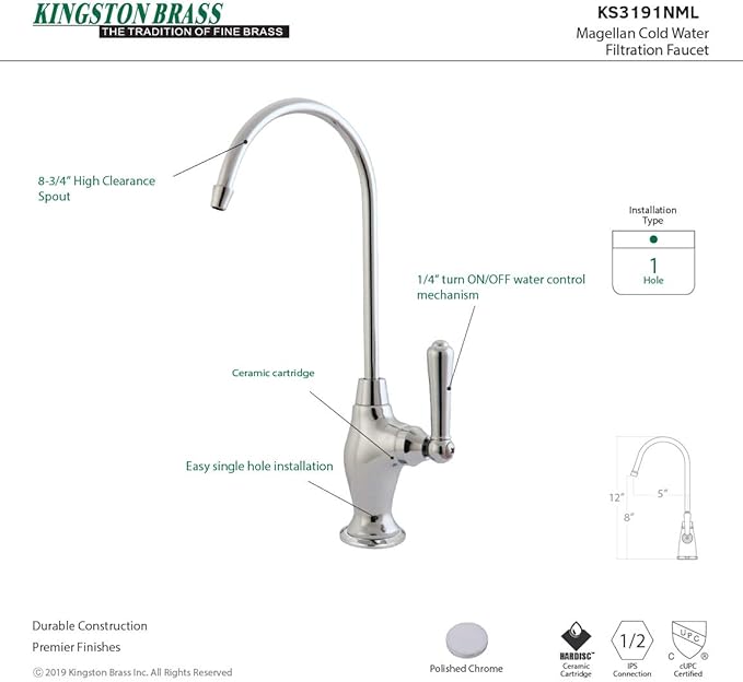 Kingston Brass KS3191NML Magellan Water Filtration Faucet, Polished Chrome, 10.81 x 4.63 x 1.75