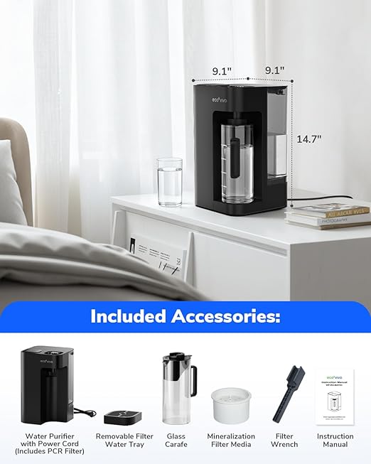 Mate 3 Reverse Osmosis Water Filter Countertop, 3:1 Pure to Drain, 44oz Smart Autofill Pitcher, No Installation Water Purifier, 8 Stage RO Water Filtration, with Remineralization, Black