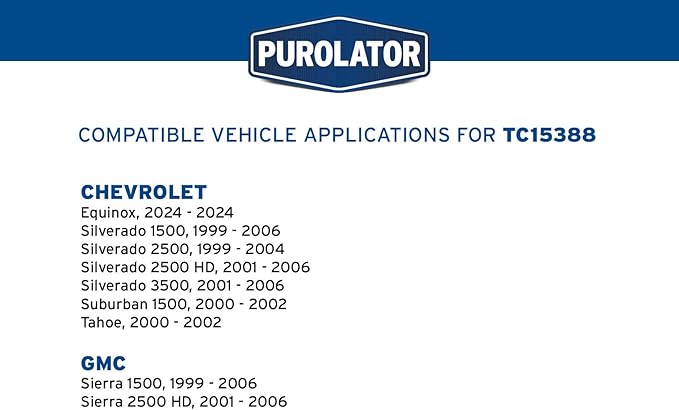 Purolator TC15388 PurolatorTECH Cabin Air Filter Compatible With Chevrolet Silverado 1500, Silverado, 2500, Silverado 3500, Tahoe, Equinox, Suburban 1500, GMC Sierra and Sierra 2500 HD