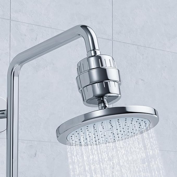 21stage shower filter. Suitable for hard water. Universal high-flow shower head filter removes chlorine, impurities, fluoride, heavy metals and odors Improve your skin, hair and nail condition, chrome