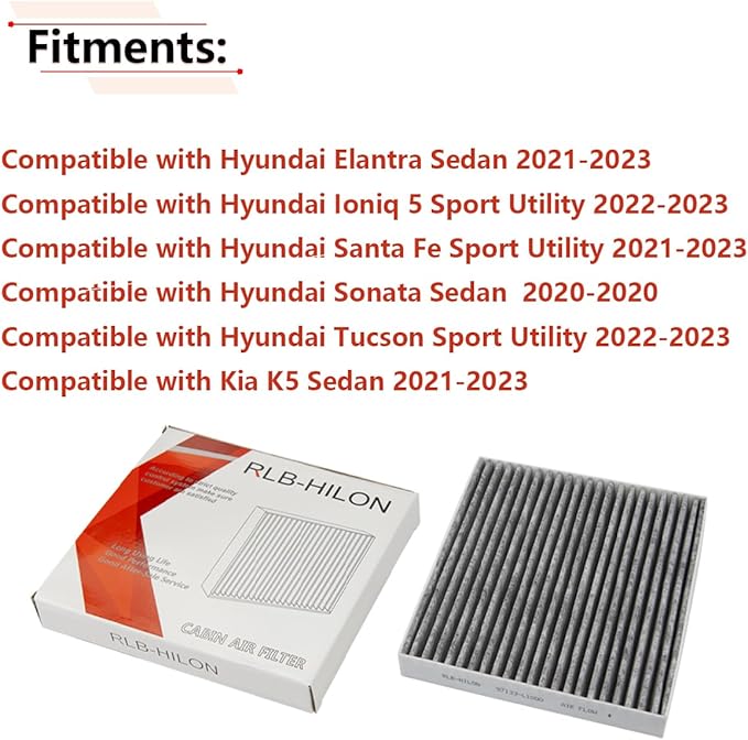 RLB-HILON Cabin Air Filter Compatible with Hyundai Elantra | Santa Fe | Ioniq 5 | Tucson Sport Utility | Sonata Sedan, for Kia K5 Sedan, for 2020 2021 2022 2023 Year, for 97133-L1000 (Pack of 2)