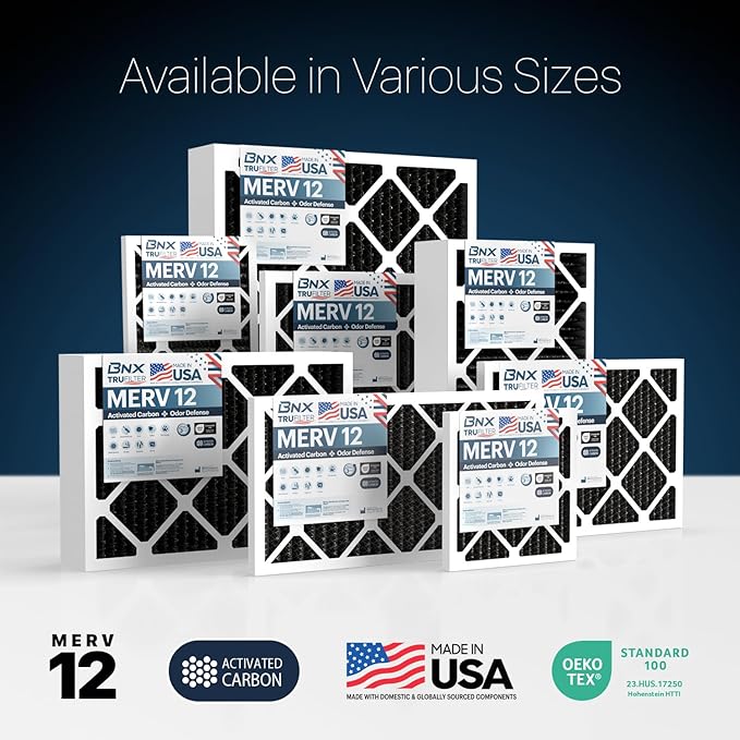 BNX TruFilter 14x14x1 MERV 12 Odor Defense (4-Pack) AC Furnace Air Filter with Activated Carbon - MADE IN USA - Pleated Air Conditioner HVAC AC Furnace Filters - Removes Odor, Mold, Bacteria, Smoke