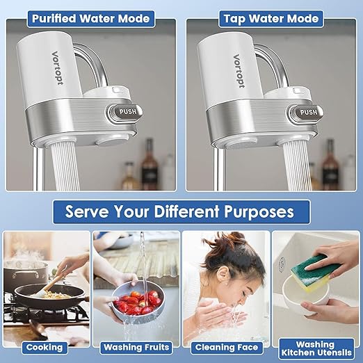 Vortopt Faucet Water Filter for Sink, Mechanical Switch Button - 350 Gallon Water Purifier for Sink, NSF Certified, Reduces Chlorine and Bad Taste with One Replacement, T5 (White)