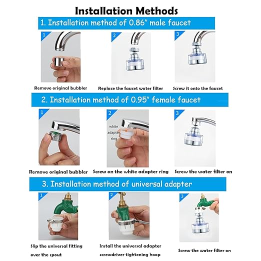 3 Pack Sink Water Filter Faucet, Universal 360 ° Rotating Bathroom Sink Filter, Kitchen Faucet Water Filter Removes Chlorine Fluoride Heavy Metals Hard Water for Home Bathroom Kitchen