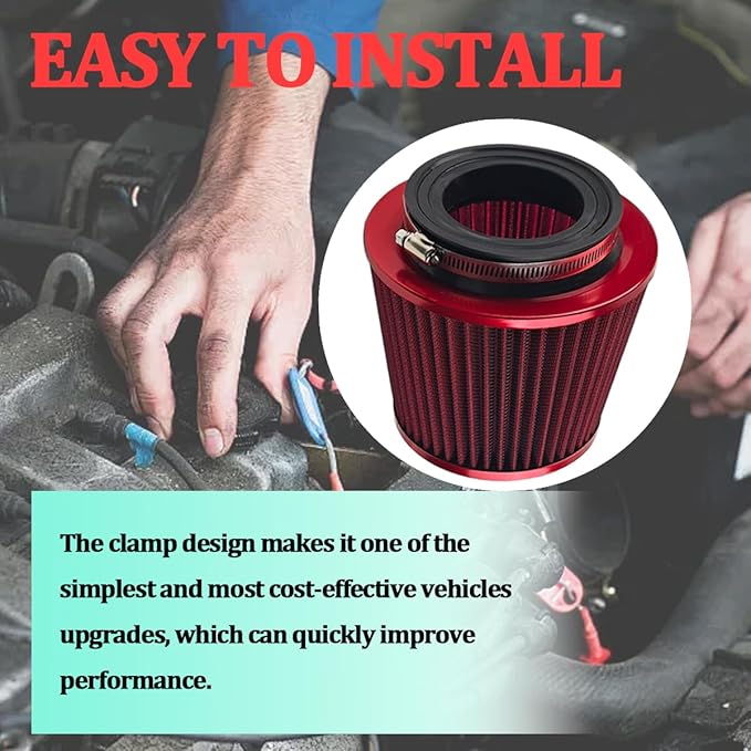 Car Clamp-On Air Intake Filter, 3 In 3.5 In 4 In Round Tapered Vehicle Cone Air Filters, High-Performance & Washable Auto Replacement Intake Filtering Accessories, Universal Fit (Red)