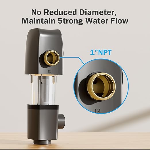 Frizzlife 40 & 100 Micron Spin Down Sediment Water Filter Built-in Scraper, Reusable and Flushable Whole House Pre-Filtration System, Flushable Filtration, 1" + 3/4" NPT, BPA Free, JG40-100
