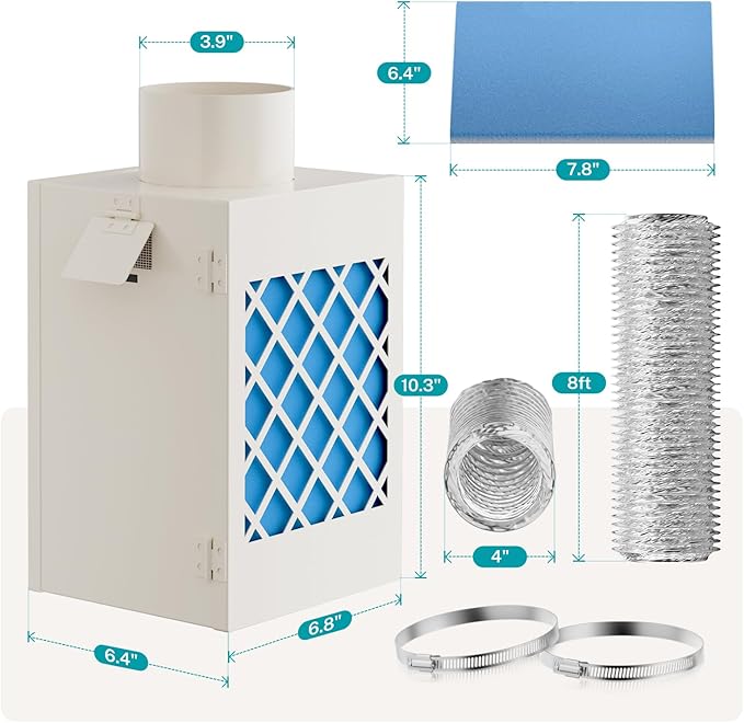 Indoor Dryer Vent Kit, HG Power Metal Dryer Vent Box, Safety Vent Flap, Dryer Lint Trap, Indoor Dryer Vent for Electric Dryer, Space Saver Dryer Vent Kit with Polyester Filters, Dryer Vent Hose