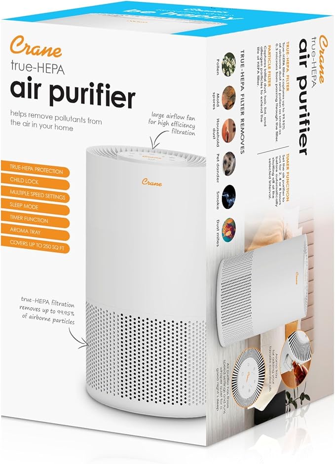 Crane True HEPA Air Purifiers for Home, Up To 250 Sq Ft, Air Purifiers For Bedroom, and Office, Removes Dust, Smoke, Pet Dander, and Allergens, Purifier HEPA with Sleep Timer, Child Lock, Aroma Tray