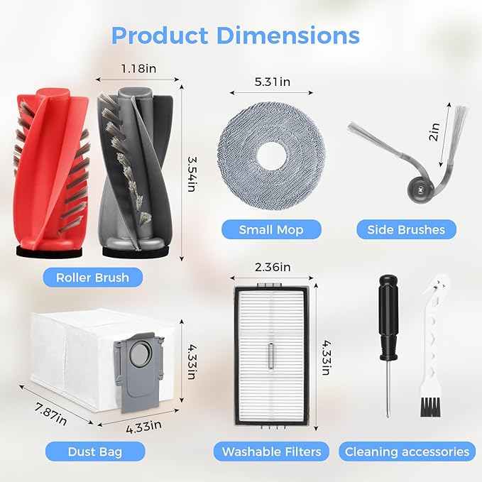 Saros 10R Accessories Kit for Roborock Saros 10R / Qrevo CurvX Robot Vacuum, 2 Dual Zero-Tangling Main Brush, 6 Dust Bags, 6 Mop Pads, 6 Side Brushes, 6 HEPA Filters
