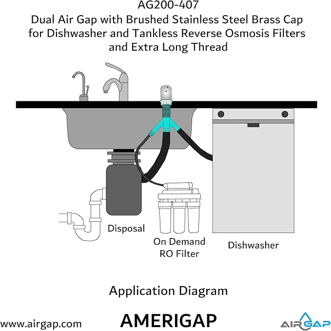 Dual Air Gap with Brushed Stainless Steel Brass Cap for Dishwasher and Tankless Reverse Osmosis Filter and Extra Long Thread (AG200-407, AG200-X07, AMERIGAP)