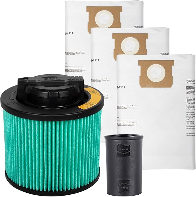 DEWALT Shop Vac Filter and Dust Bags for Most 4-8 Gallon Shop Vacs, HEPA Vacuum Filter Replacement 3-Pack Filter Bags and Power Tool Adapter Kit, DXVA19-0502