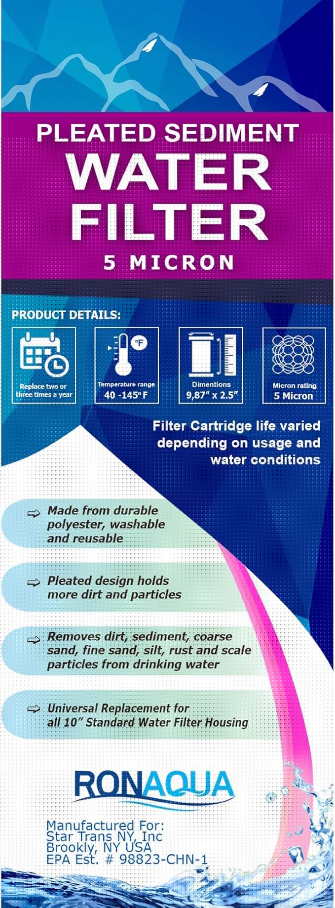 Pleated Sediment Water Filter Cartridge 9.87βx 2.5β Amplified Surface Area, Removes Sand, Dirt, Rust, Extended Filter Life WELL-MATCHED with WHKF-WHPL, 801-50, WB-50W, WFPFC3002, SPC-25-1050