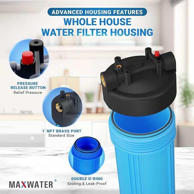 Max Water Whole House Water Filtration System, 3-Stage Pre-Filtration with Sediment, GAC & CTO Carbon Filters, Reduce Odor, Chlorine, Taste, 1-inch Inlet/Outlet