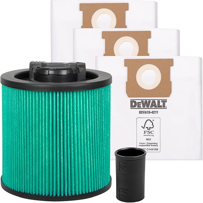 DEWALT Shop Vac Filter & Bag Kit, High Efficiency HEPA Replacement Cartidge, 3 Pack Fine Dust Bags & Power Tools Adapter, for Shop Vacuum Wet and Dry