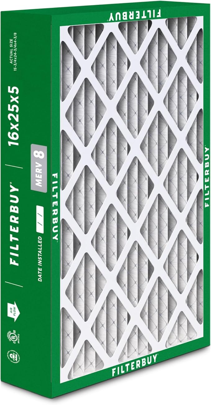 Filterbuy 16x25x5 Air Filter MERV 8 Essential Dust & Allergy Defense (3-Pack), Pleated HVAC AC Furnace Filters for Honeywell FC100A1029, Lennox X6670, and More (Actual Size: 15.75 x 24.75 x 4.38)