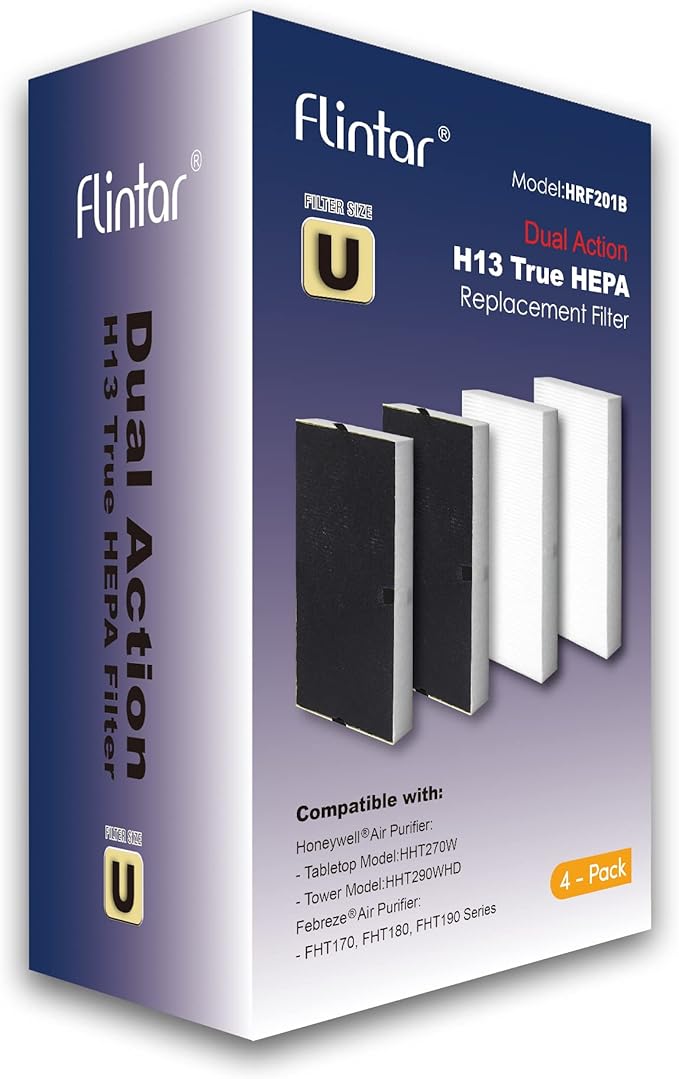 Flintar Replacement Filter U, Compatible with Honeywell HEPAClean U Filter HRF201B and Febreze FRF102B, Fits HW HHT270, HHT290 and Febreze FHT170, FHT180, FHT190, 4-Pack