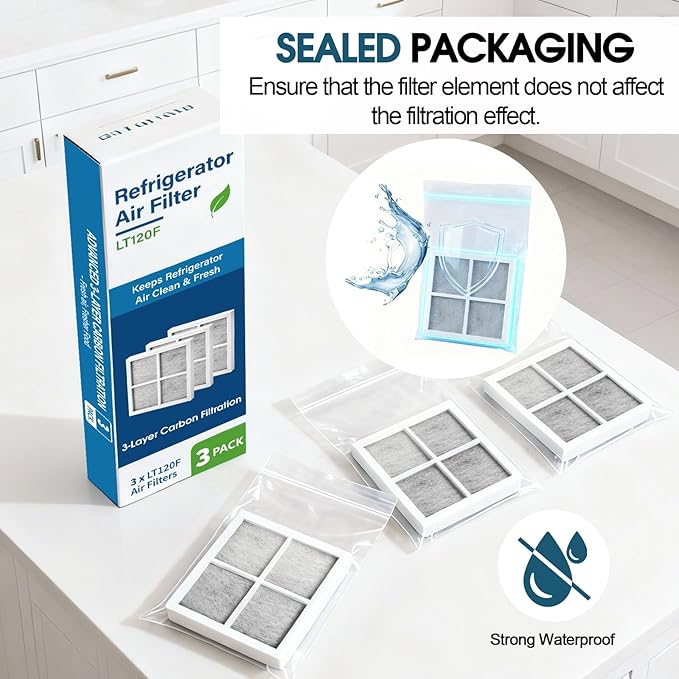 3 Pack LT120F Refrigerator Air Filter Replacement for LG & Kenmore Elite, 3-Layer Activated Carbon to Remove Odors & Keep Food Fresh, Compatible with ADQ73214402, ADQ73214404, 46-9918, 9918